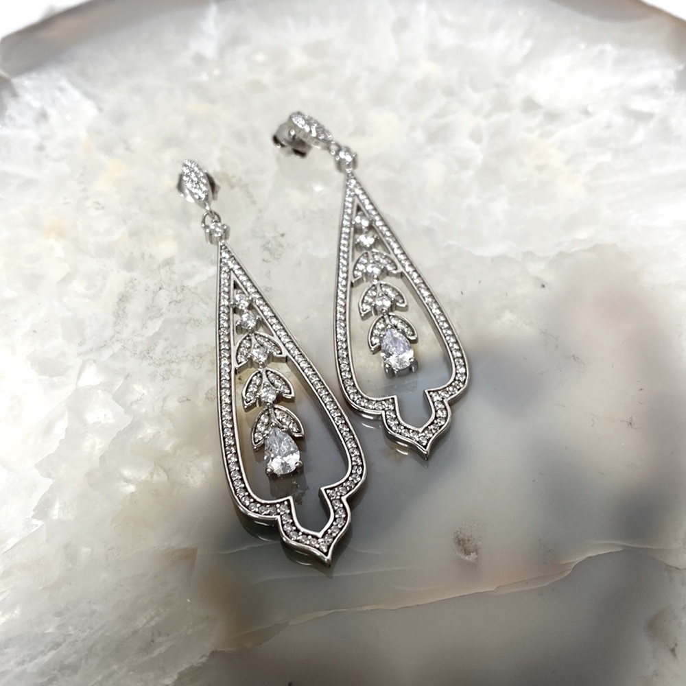 Sterling Silver CZ long drop earrings. NWT